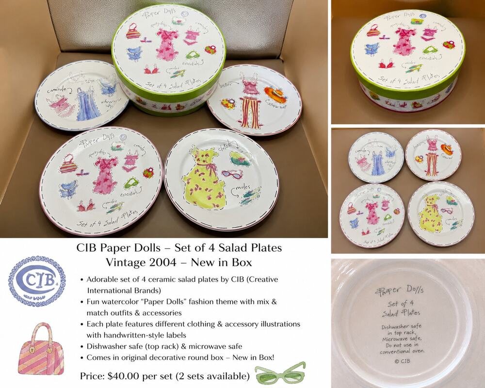 CIB Paper Dolls Fashion Salad Plates Set of 4 Boxed 8 Inch Ceramic
